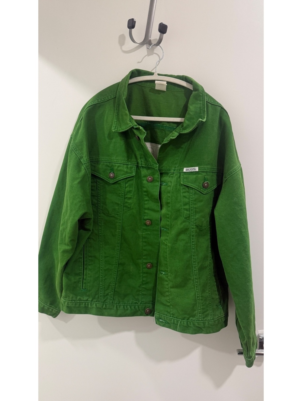 Rare Vintage 90s BOSS Green Denim Jacket Oversized 3D Embossed Logo Streetwear